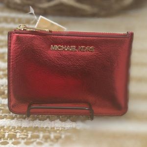 ❤️💋Michael Kors Jet Set Travel Small Coin/ID Key Holder Wallet METALLIC RED